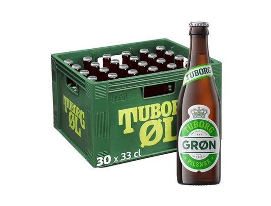 Grøn Tuborg 33 cl flaske, 30 stk kasse. Afhentningstilbud ingen max antal kasser pr kunde!