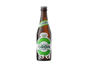 Grøn Tuborg 33 cl flaske, 30 stk kasse. Afhentningstilbud ingen max antal kasser pr kunde!